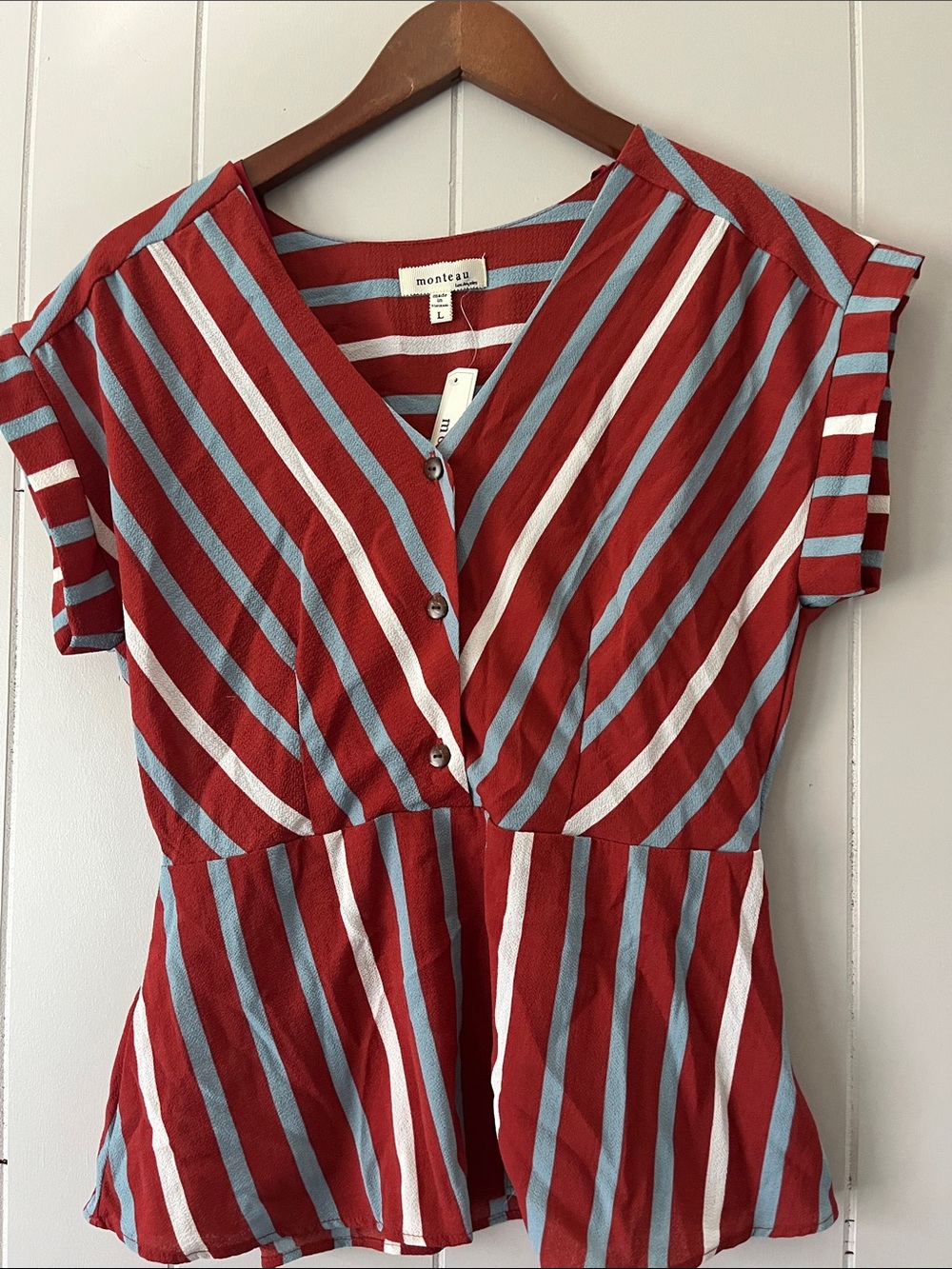 Monteau Red Striped V-Neck Button Front Top with Blue and White Stripes